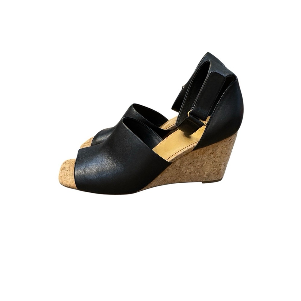VINCE Women Black Padded Kensey Square Toe Wedge Leather Heeled Sandal Size 9